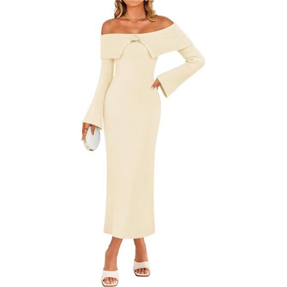 Women's Off Shoulder Sweater Dress Beige - Picture 1 of 6